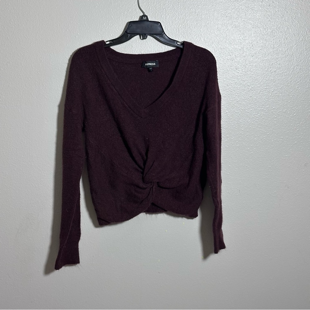 Express Women Knit Burgundy V-Neck Sweater Twist Long Sleeve size S